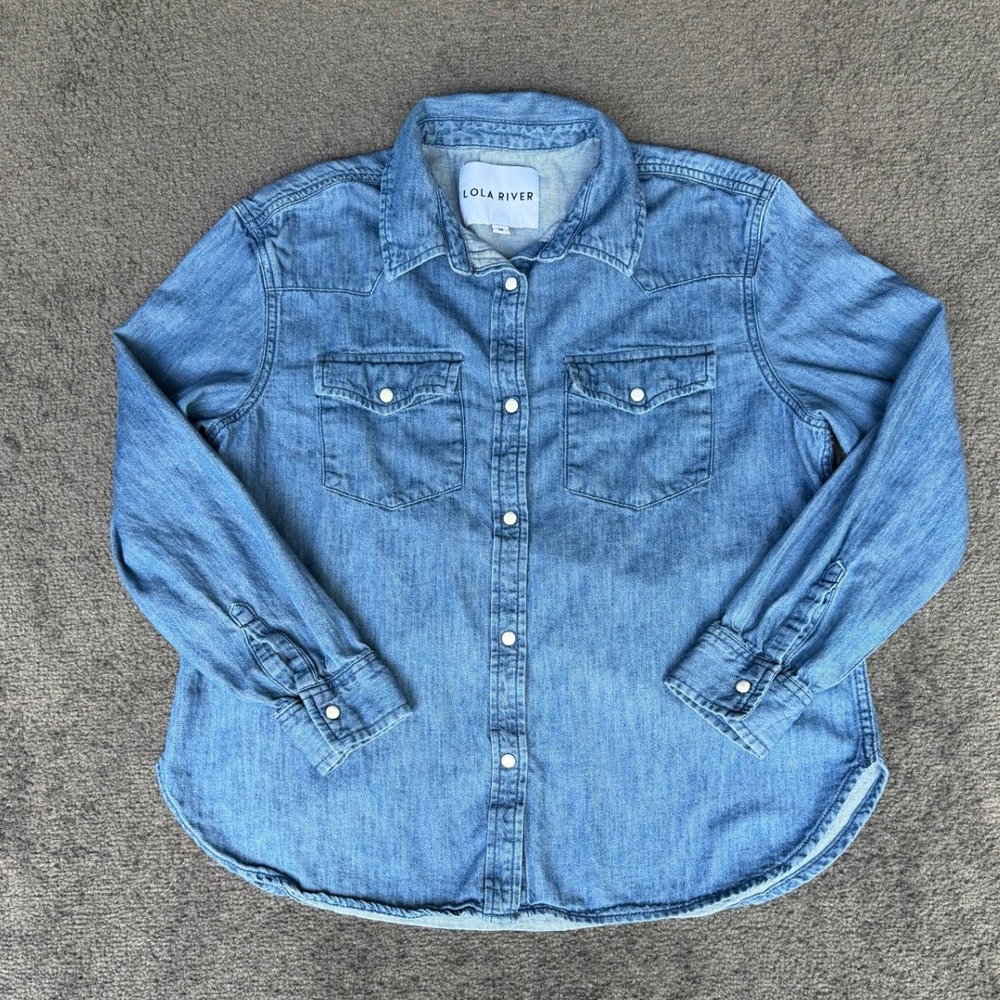 Lola River Womens Medium Blue Denim Western Snap Button Down Shirt Cotton L/S